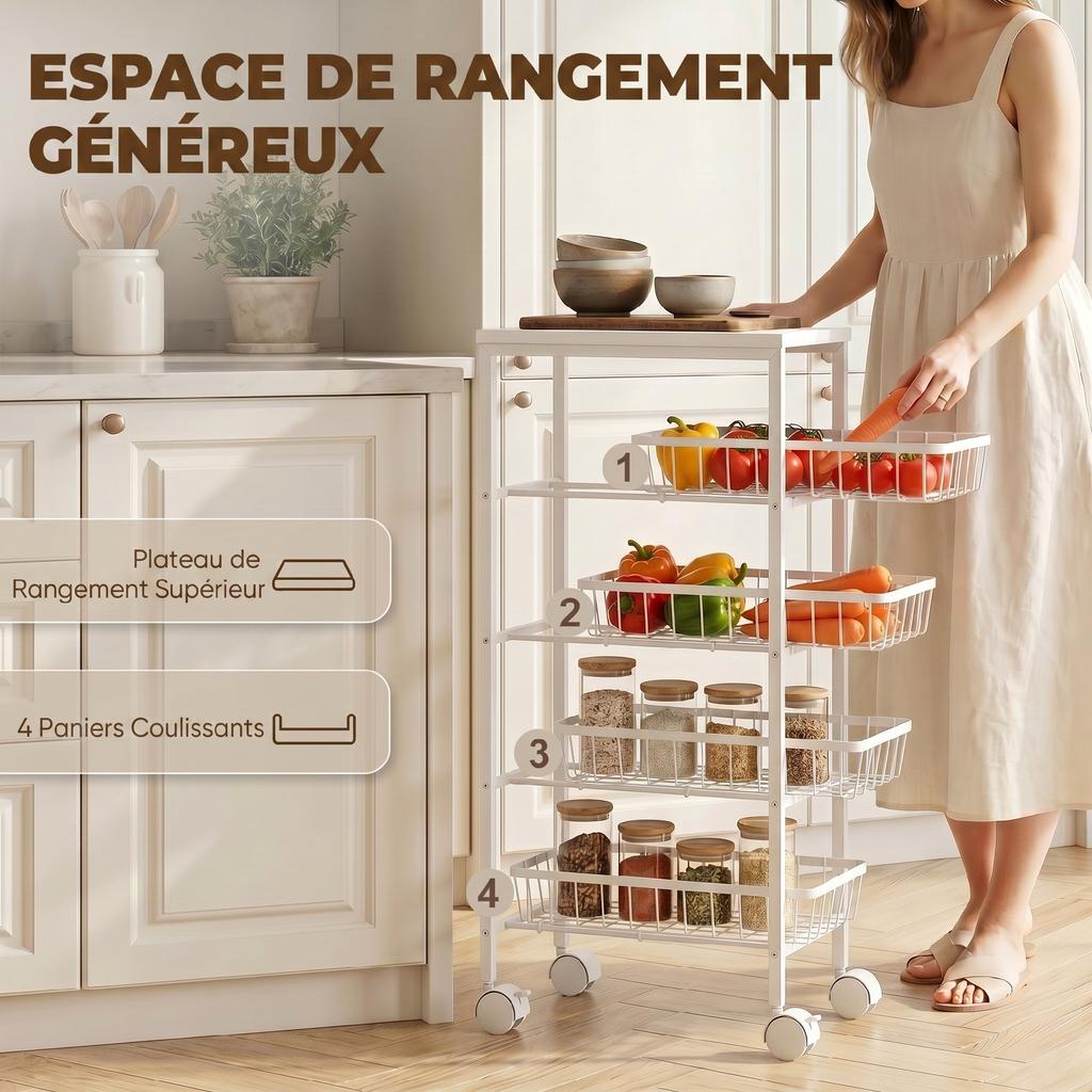4-tier storage cart, rolling utility cart with removable baskets, metal frame, white