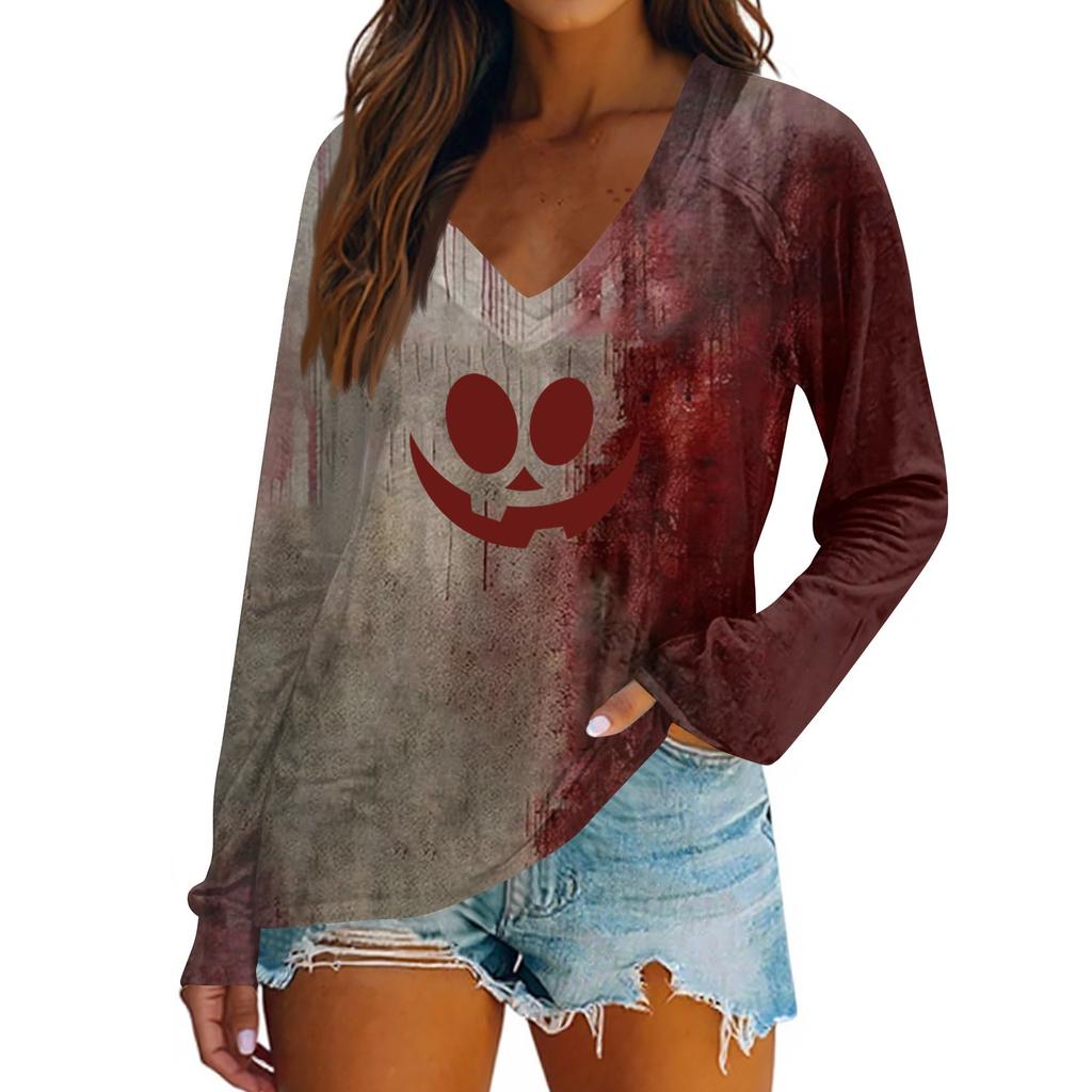Women's Casual Fashion Snowflake Printed Vintage Casual Print Long Sleeve V-Neck Pullover Top Blouse