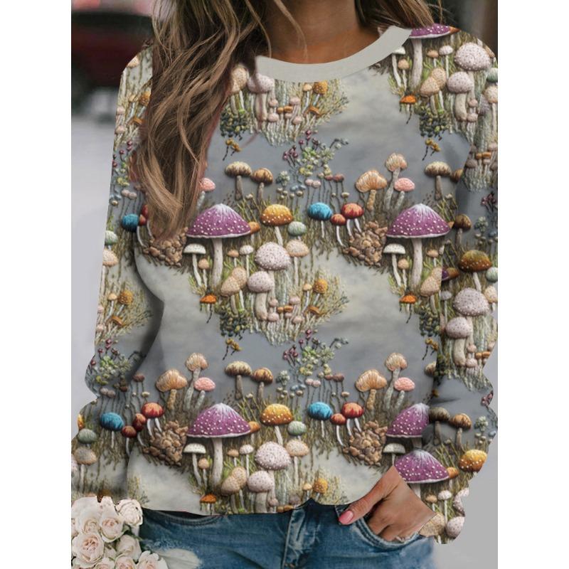 

Женская футболка с длинным рукавом с мультяшным узором, свободного кроя, повседневный топ с длинным рукавом, принт грибов, оверсайз, женская одежда 8XL