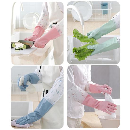 1 Pair Dishwashing Gloves Waterproof Reusable Gloves Patchwork Color Elastic Long