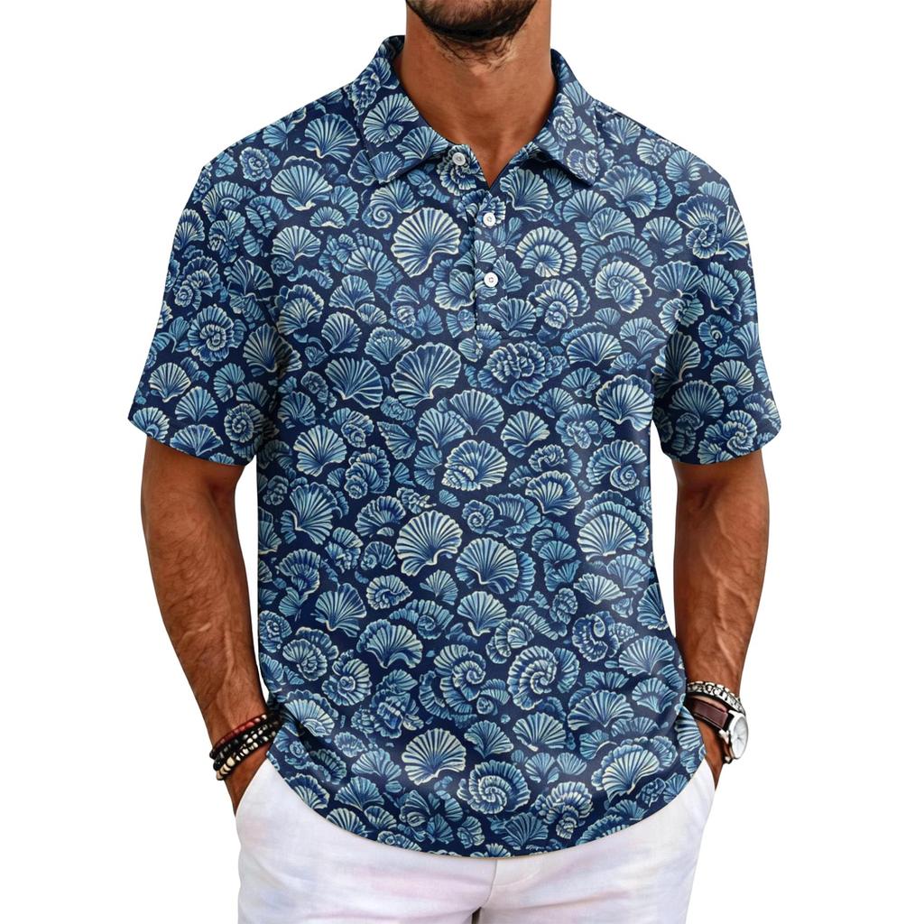 Men's Hawaiian Style Short Sleeve Polo Shirt Loose Fit Casual Top with and Geometric Print for Everyday Wear