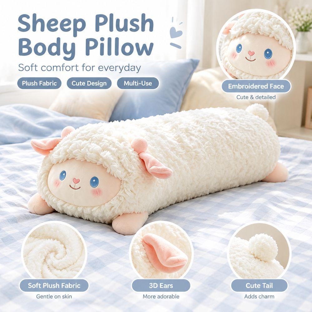 Cylindrical Shape Long Sleeping Pillow White Sheep Stuffed Animal Doll  Sheep Body Pillow