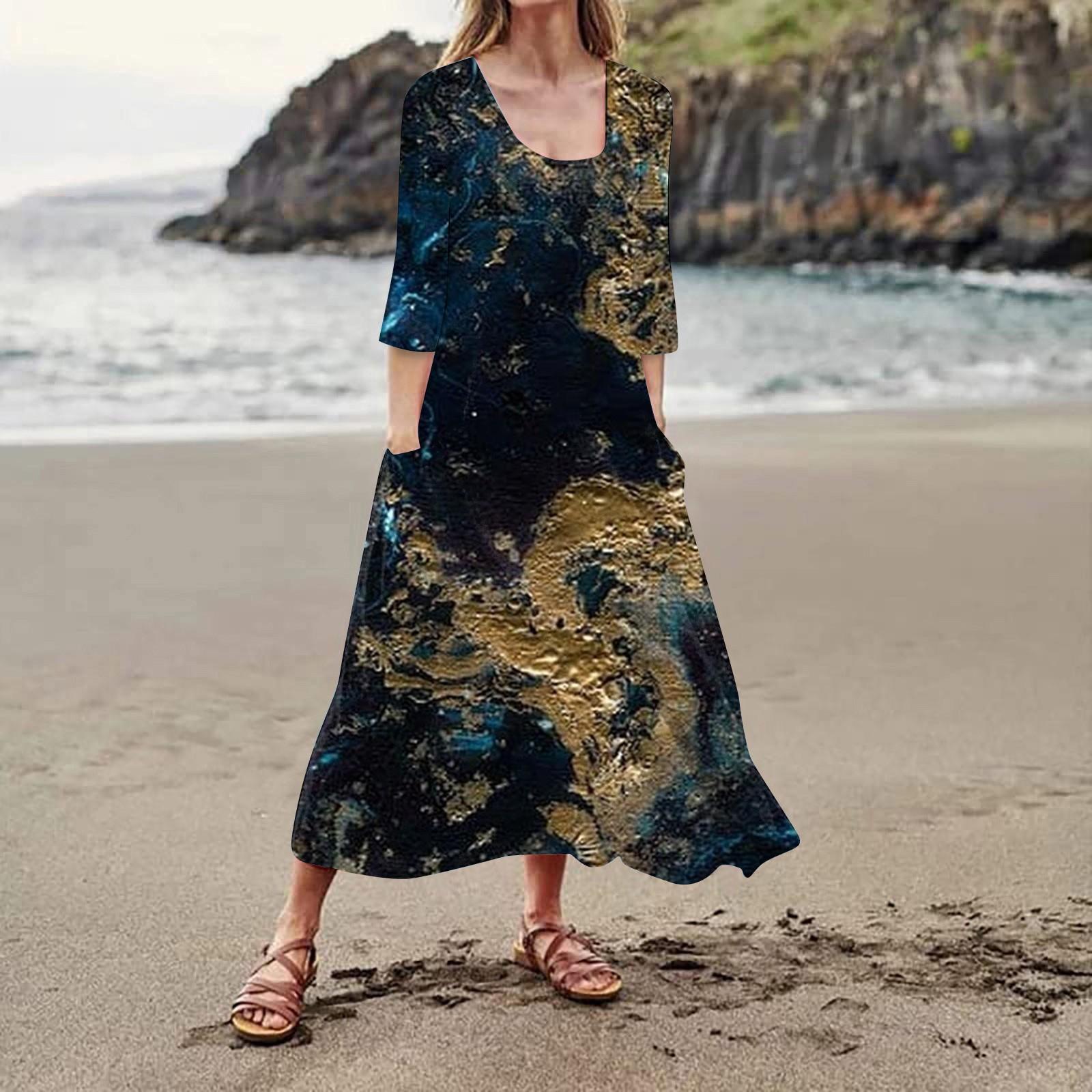 Женское повседневное модное удобное платье с карманами и рукавами 3/4 с принтом M зелёный — фото 5