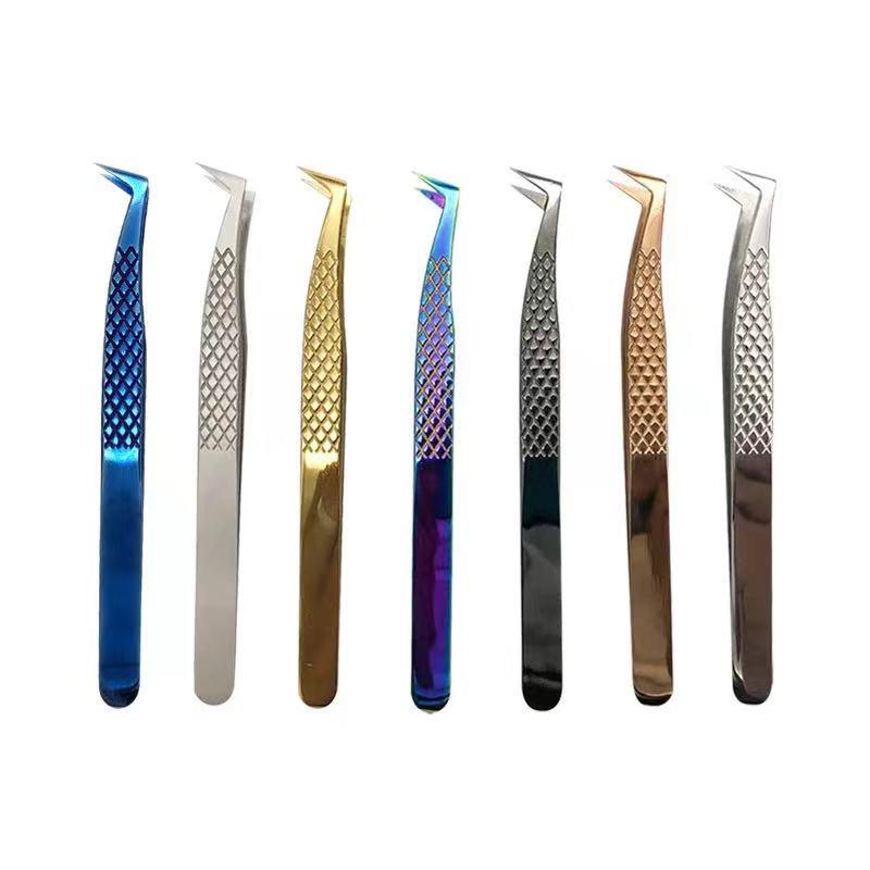 

7-Shaped Cross-Stripped Eyelash Extension Tweezers for Grafting and Custom Lashes.