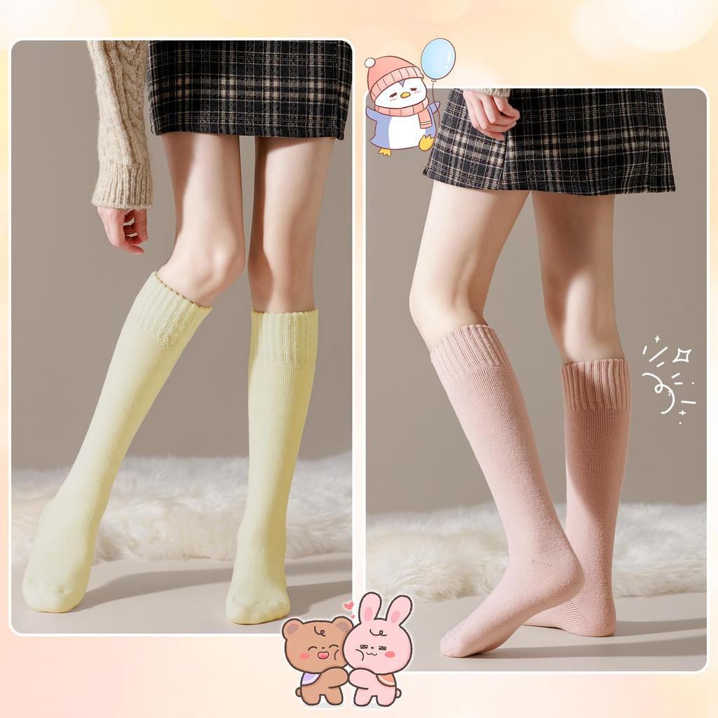 Candybay Fluffy Winter Socks Pile Instant Triple Warm and Cozy School Socks with Antibacterial and and Keeps Feet Set of 2 Red Bean Women's Knee-High