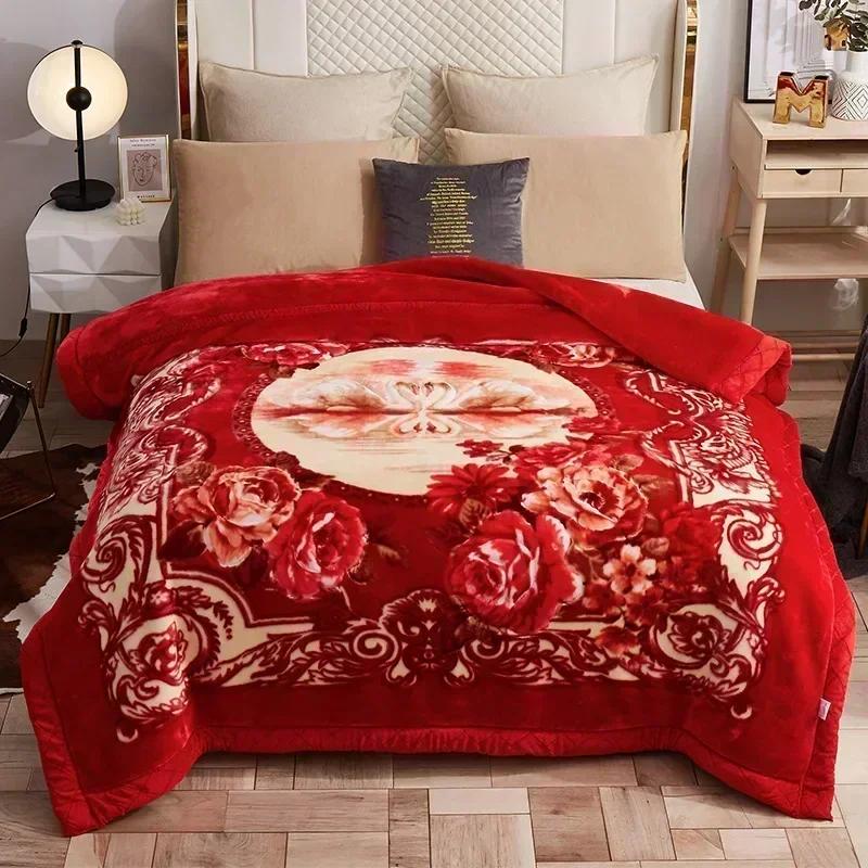 Luxury Heavy Double Layer Raschel Blanket Thickened Warm Plush Winter Blankets for Bed Vintage Floral Soft Weighted Comforter