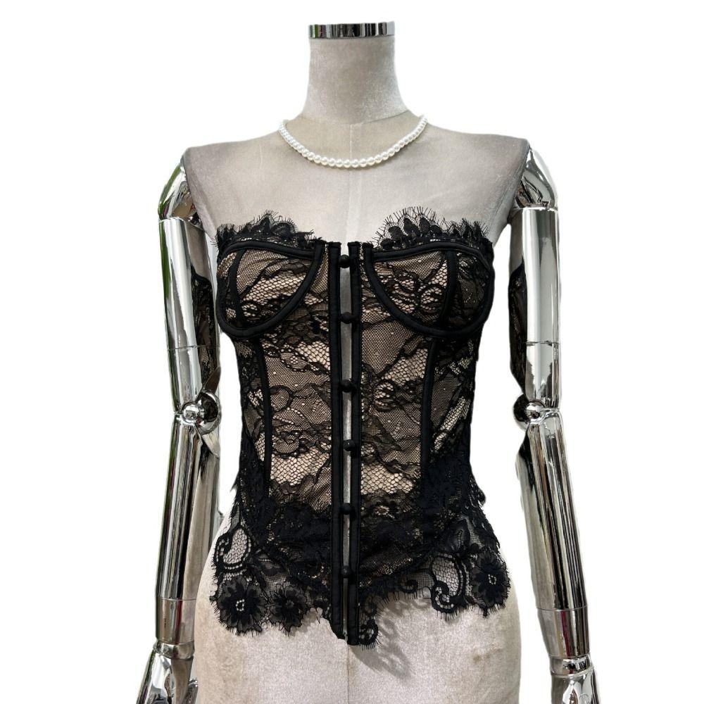 Flower Lace Long Corset Transparent Suspender Vest Elastic Lace Button Camisole  Ladies