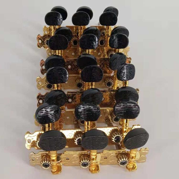 Gold Plated 3+3 Long Position Acoustic Guitar Tuning Pegs with Black Plastic Heads