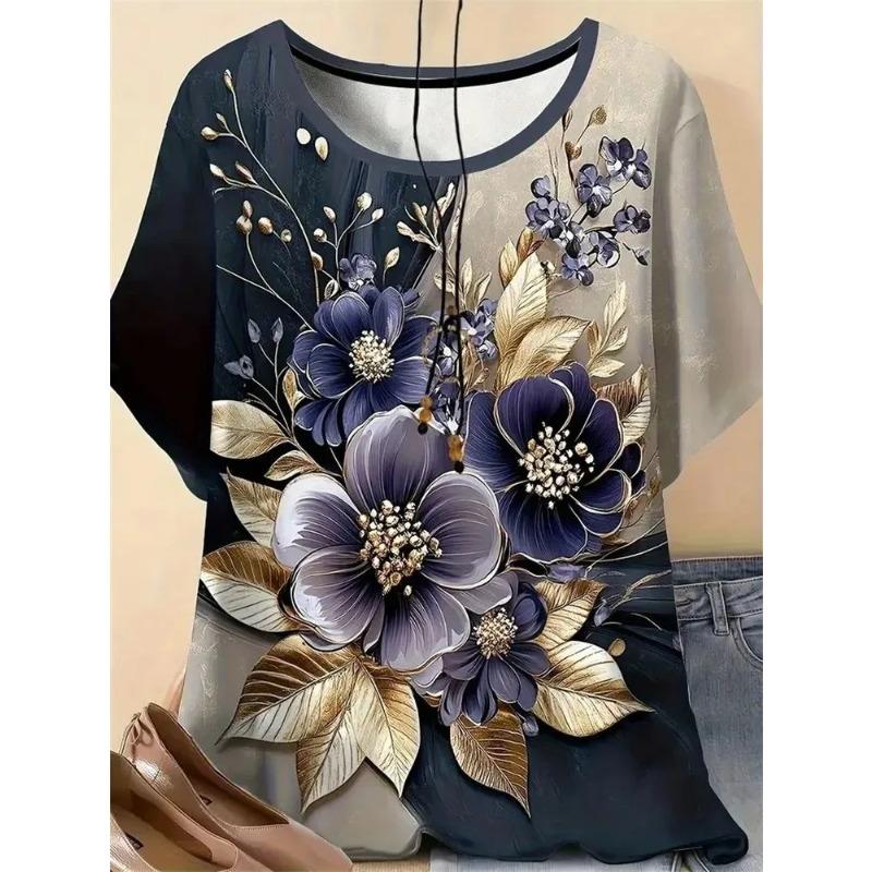 Crew Neck Pleated Neckline Short-sleeved T-shirt Watercolor Large Flower Full Print Light Beach Vacation Loose Meat Cover Top Women