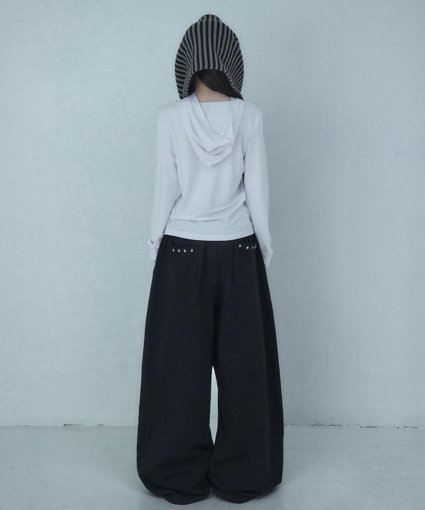 LOOXP Graphic Rivet Folding Training Wide Long Pants Black