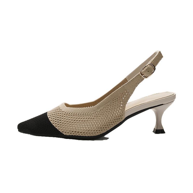 Spring and summer new knitted single shoes women's middle heel pointed breathable woven thin heel back air flying shoes