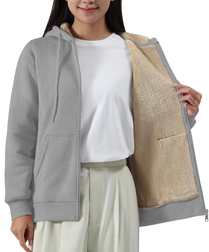 TACVASEN Cold Weather Warm Solid Light Size M Women's Fleece-Lined Zip-Up Sweatshirt, Jacket, Hoodie, Thick, Boa-Lined, Loose-Fit, Color, Gray,