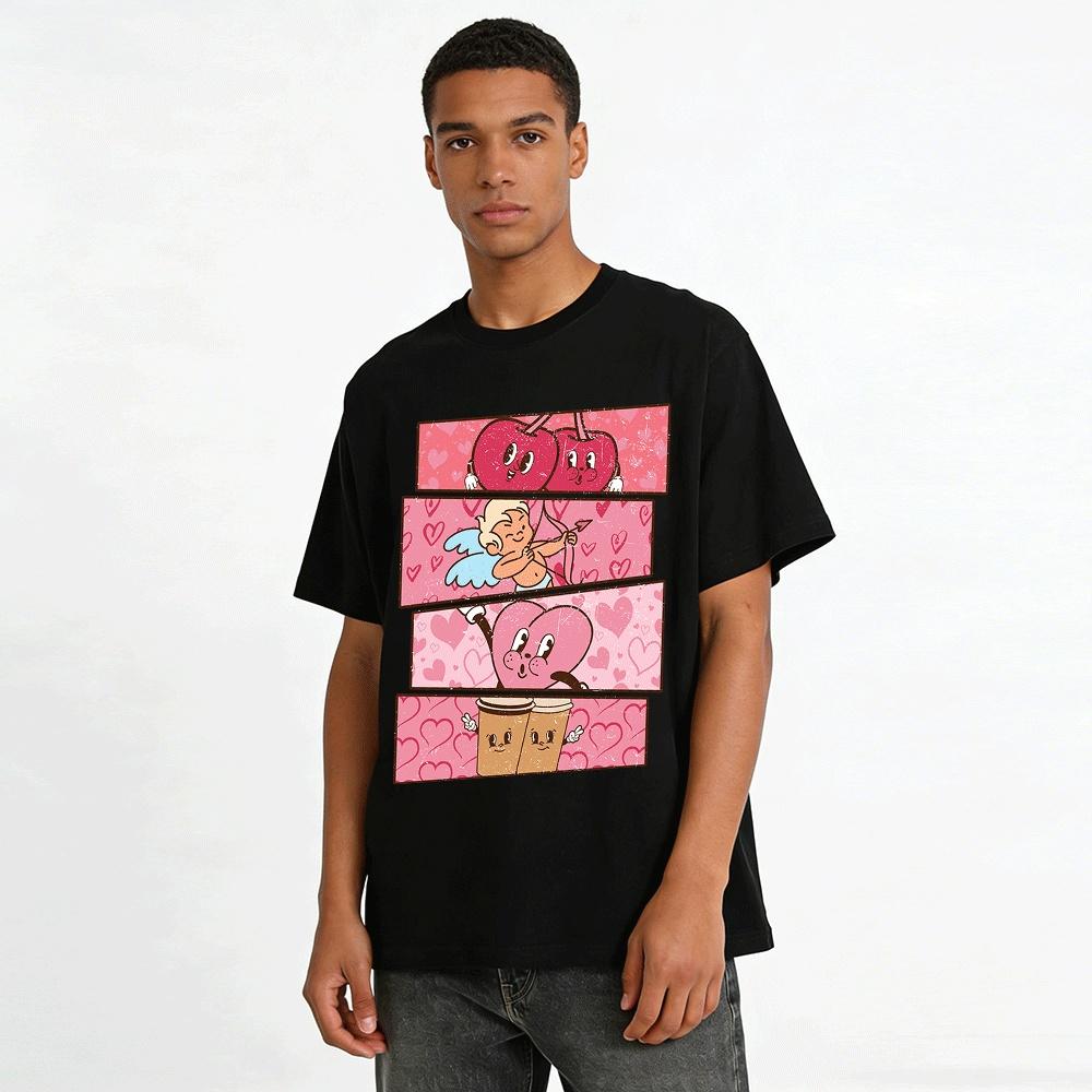 Retro Love Cherry Cupid Coffee Print Couple Casual Top Pure cotton T-shirt