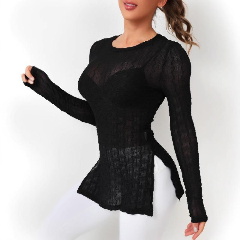 

Женский летний перспективный эластичный новый сексуальный пляжный солнцезащитный халат с длинным рукавом и круглым вырезом XL чёрный