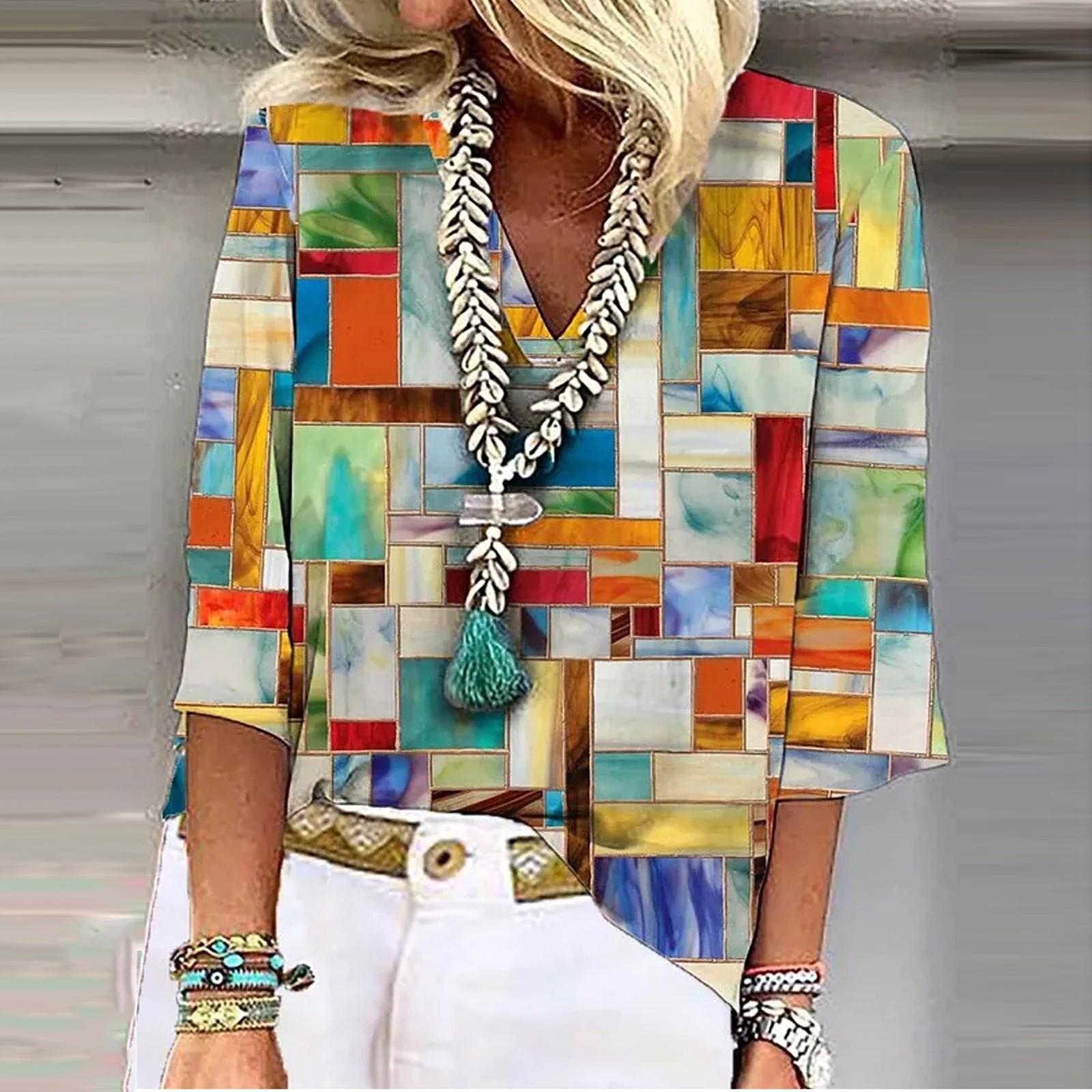 

Женская рубашка, блузка, повседневные свободные рубашки, рукава 3/4, топы с v-образным вырезом и принтом, топы с принтом, футболки, футболки XXL разноцветный