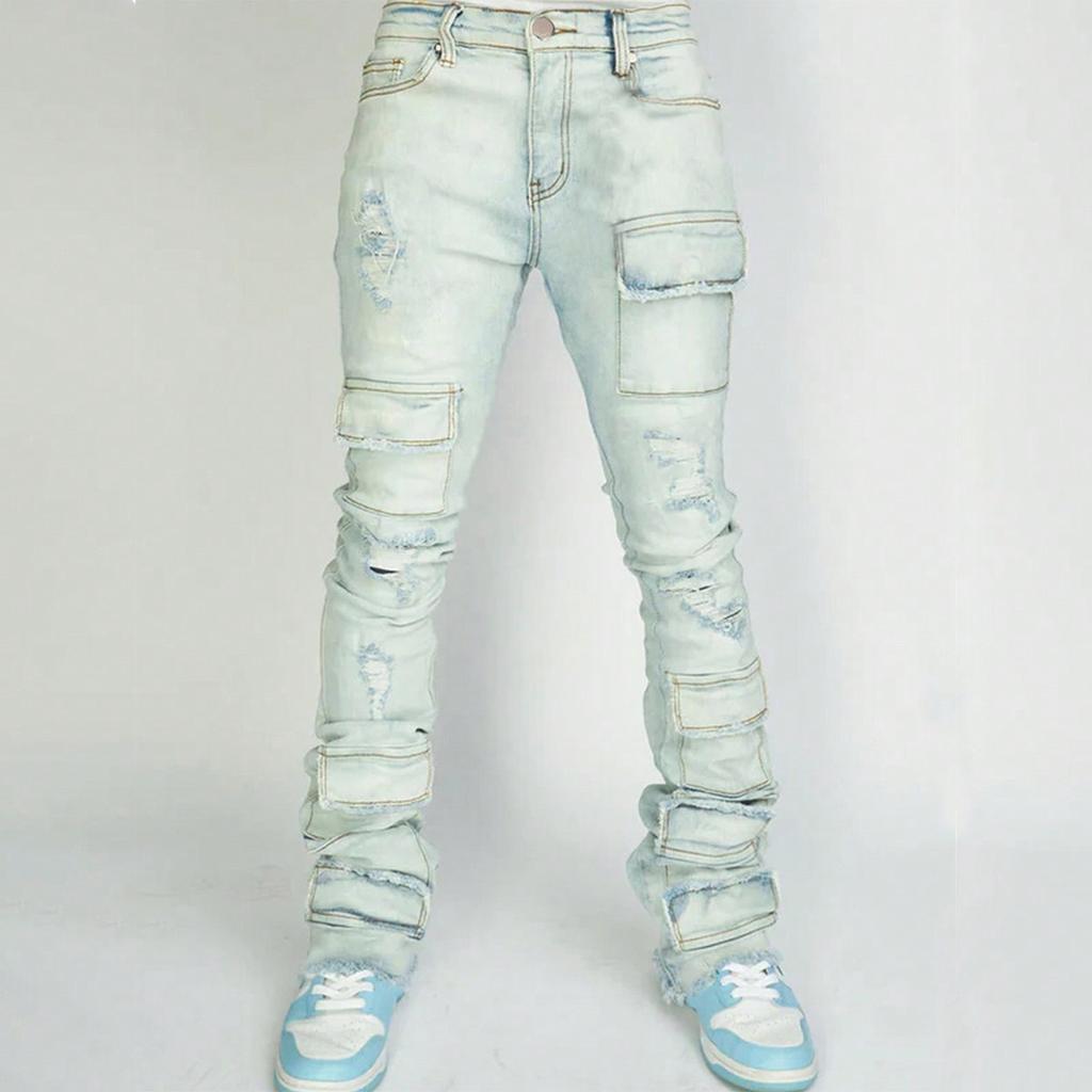 DRIPX Jeans Uomo Pantaloni Lunghi Pantaloni a Zampa di Elefante in Denim Pantaloni Dritti con Strappi Vestibilità Slim Vita Alta Casual Tasca con Bottone Cuciture Autunno Inverno