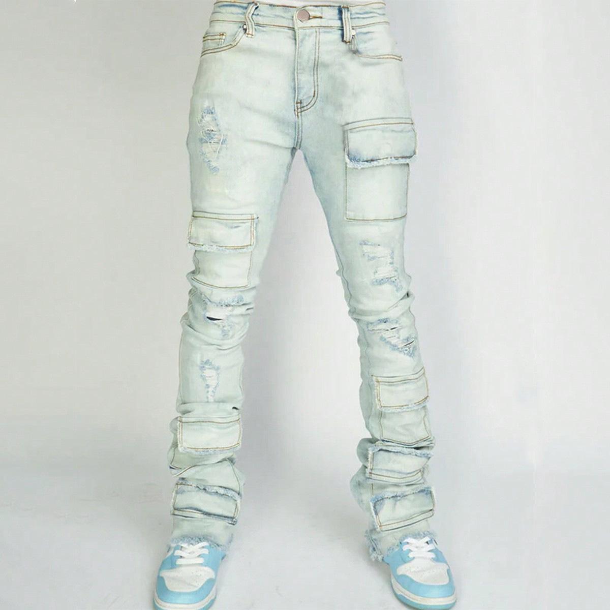 

DRIPX Men Jeans Long Pant Denim Flare Pants Hole Straight Trousers Slim Fit High Waist Casual Button Pocket Splice Autumn Winter S синий