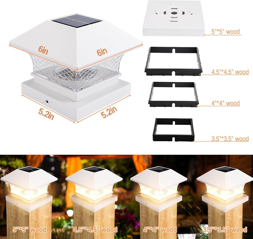 6 Pack Waterproof Solar Post Lights, Wooden PVC/Vinyl Fence Top Solar Lights, Fits 3.5x3.5 4x4 4.5x4.5 5x5, For Yard
