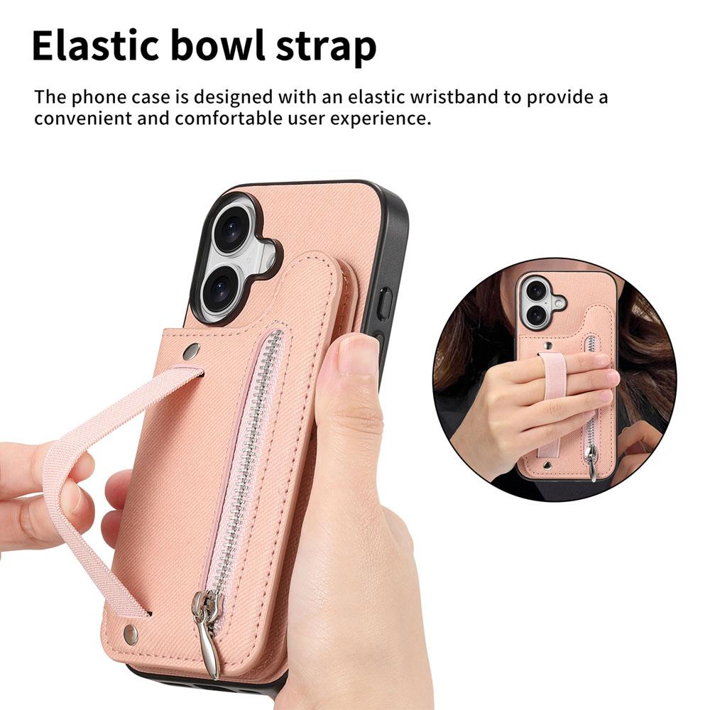 Zipper Cards Solt Wallet Leather Case for iPhone 16 15 13 Pro Max 14 Plus 16Pro 15Pro Elastic Rope Wrist Leather Cover