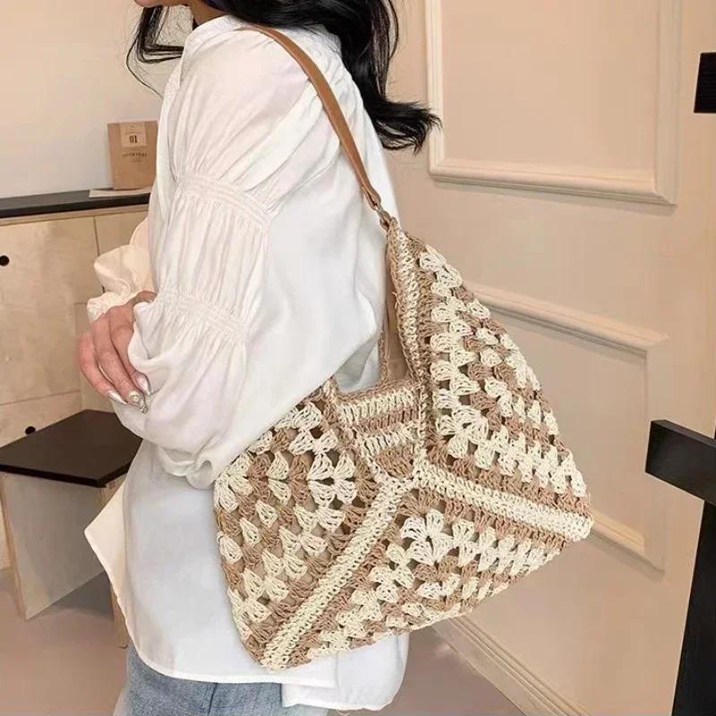 Women Weaving Clutches Top-handle Bag Large Portable Shoulder Bag Summer Beach Purses Shopper Satchel Female Tote Bags Handbags