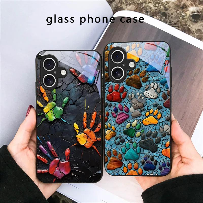 Animal Footprint Stone For iPhone 17 Air 16 E 15 Plus 14 Pro Max 13 12 mini 11 5 6 7 8 Plus XR XS Max SE Black Glass Phone Case