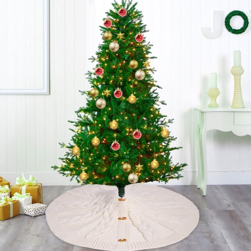 White Knitting Christmas Tree Skirts Tree Base Cover 61/92cm Diameter with Button Fastening Holiday Room Decorations
