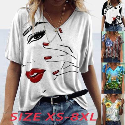 Blusa casual con cuello en V y manga corta para mujer con estampado de belleza