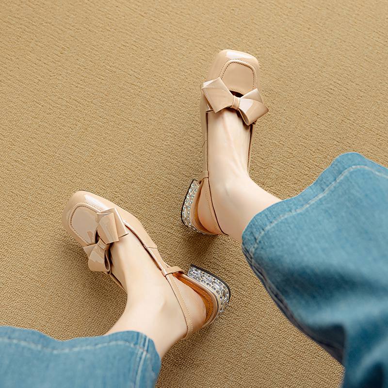 Krazing Pot Sheepskin Cow Skin Summer Size 40 Med Heels Butterfly-knot Decoration Square Toe Slingback Wedding Pumps