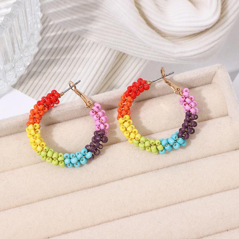 Original Bohemian Style Glass Seed Bead Winding Earrings for Women, Cute Little Earrings, Exquisite Handmade Tassel Rainbow