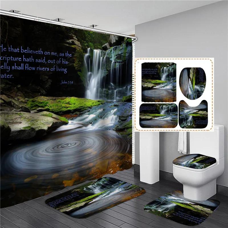 Full Set Bathroom Shower Curtain Set And Rugs Waterproof Fabric Furniture Accessory Zen Flow Water Bamboo For Bath Decoration
