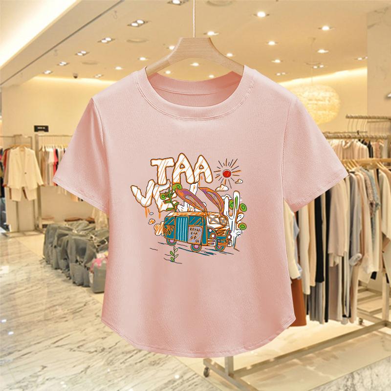 

American retro front shoulder short-sleeved t-shirt women s summer 2025 new pure cotton slim and thin curved hem top ins XXL