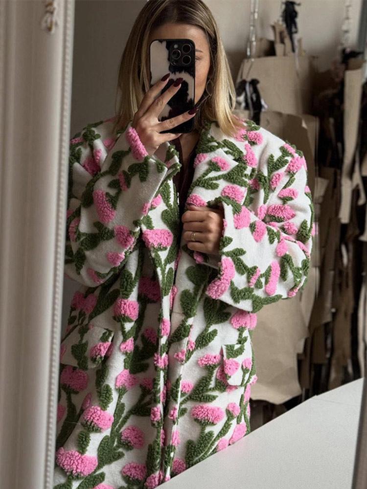 Women's Floral Patterned Jacket Women's Granular Velvet Jacket Ladies' Oversized Suit 2026