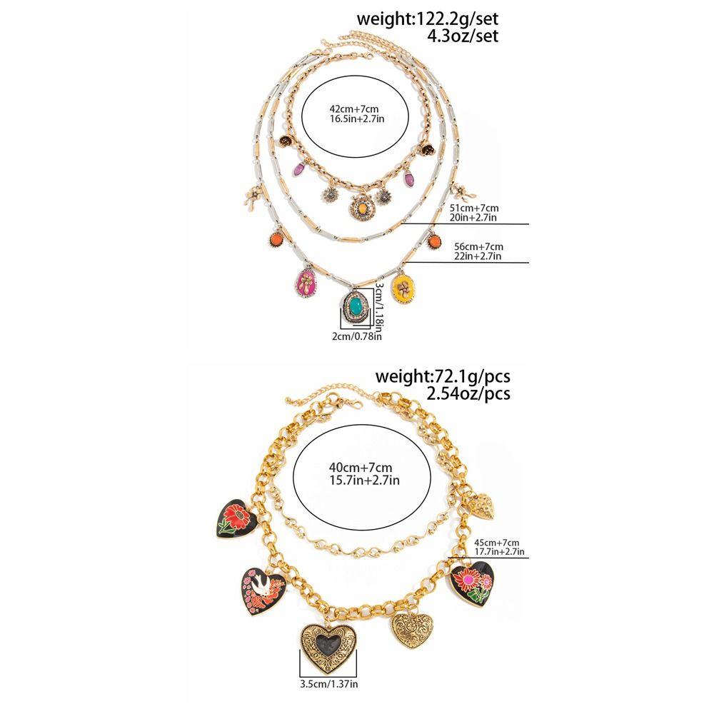 Metal Chain Heart Pendant Necklace Floral Bohemian Collarbone Chain Multi Layer Choker  Girls