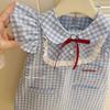 Girls Blue Gingham Sleeveless Dress with Lace Trim for Summer