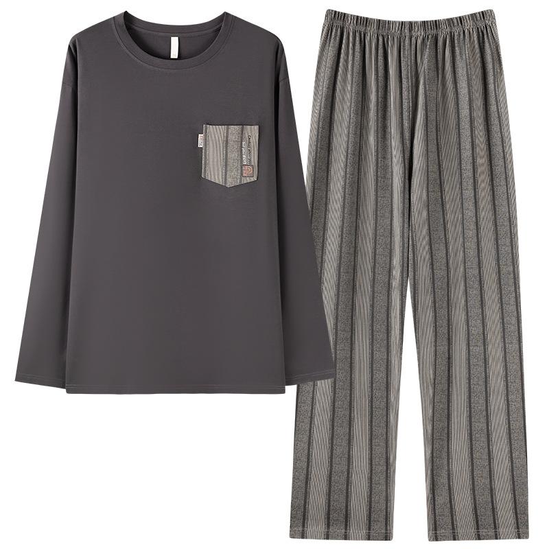 Pure Cotton Pajamas Men'S Spring And Autumn Long Sleeves Can Be Worn Outside, Round Neck Pullover Men'S Large Size Loungewear Suit