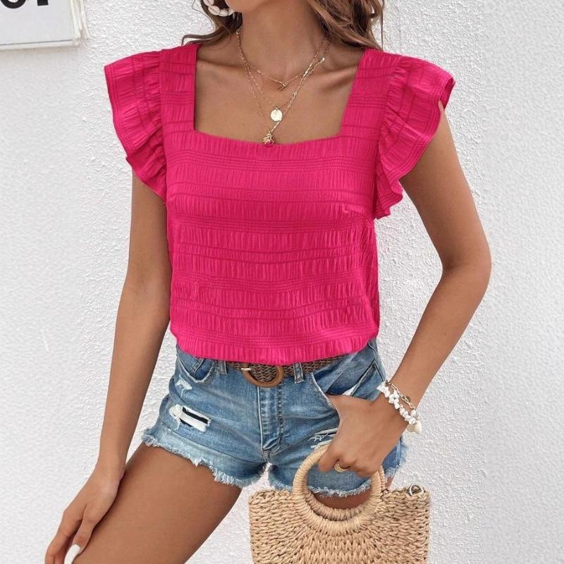 Kadın Yazlık Örme Jakarlı Fırfırlı Kare Yaka Kısa Kollu Düz Renk Üst