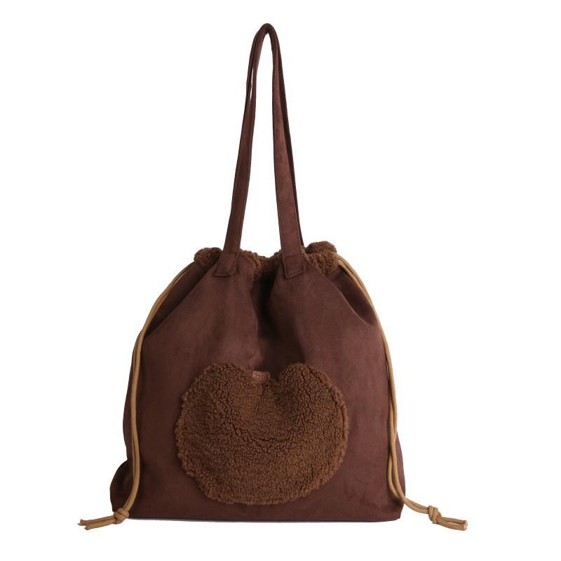 

Small Crowd Retro College Style Large Capacity Commuting Armpit Shoulder Bag Net Red Korean Plush Splicing Drawstring Bucket
