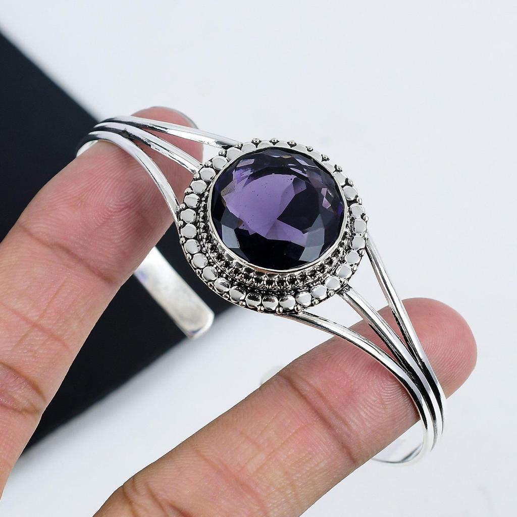 Dainty Amethyst Gemstone Handmade Cuff Bangle 925 Sterling Silver Cuff Bangle, Amethyst Cuff Bangle For Wife , Unisex Bangle, Birthday Gift
