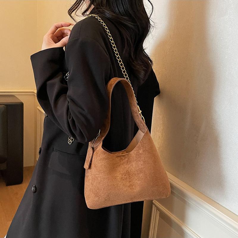 Yogodlns Women's Suede Handbags Solid Frosted Pu Leather Handle Bucket Bags Large Capacity Female Casual Soft Chain Crossbody Packs