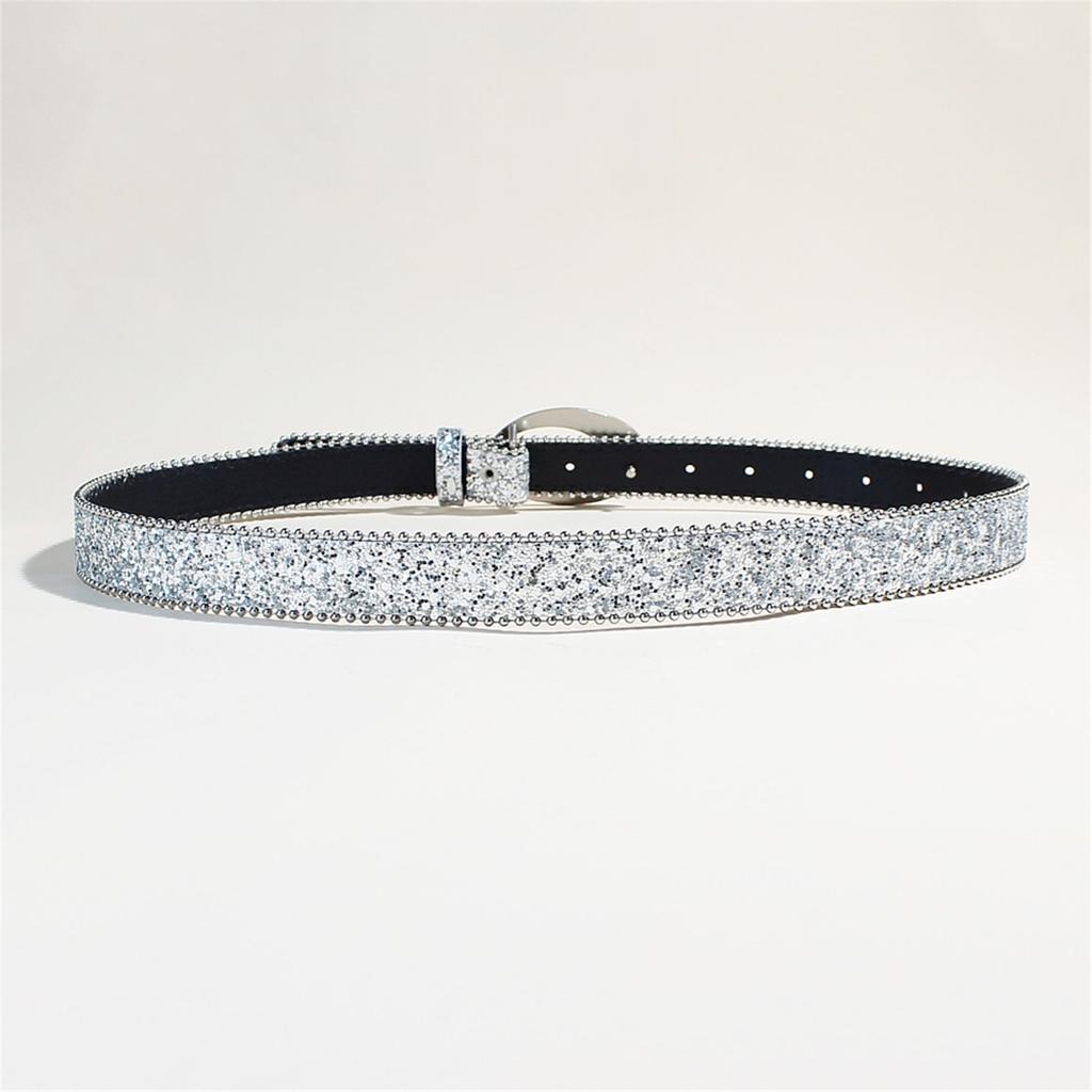 PU Belt With Metal Buckles Glitter Rhinestones Waist Strap For Women and Men