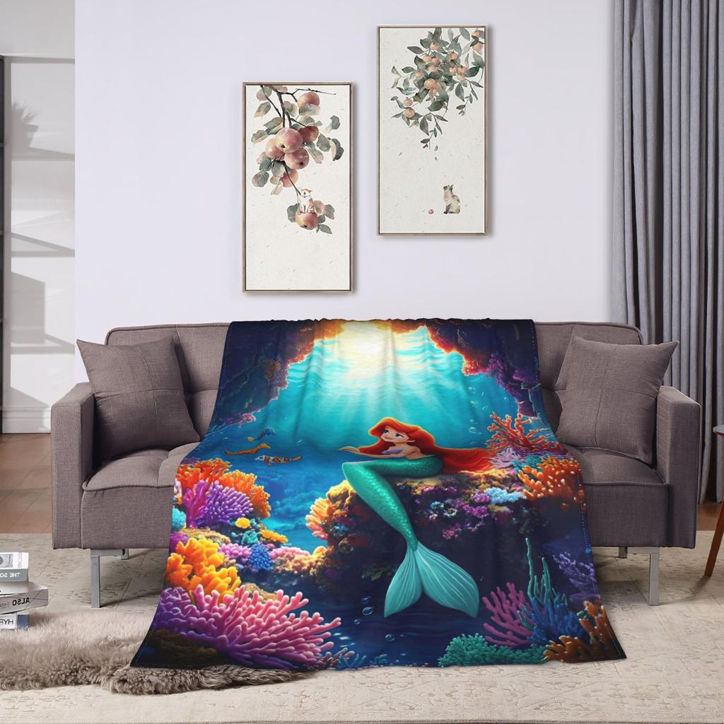 Little Mermaid Cartoon Princess Blanket Fleece Spring Autumn Portable Super Soft Throw Blanket for Sofa Outdoor Rug Piece
