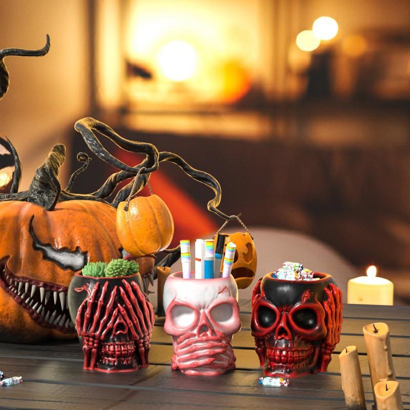 Skull Resin Gypsum Mold DIY Halloween Ear Covering Eye Covering Mouth Skull Flower Pot Storage Box Mold Casting Holiday Gifts