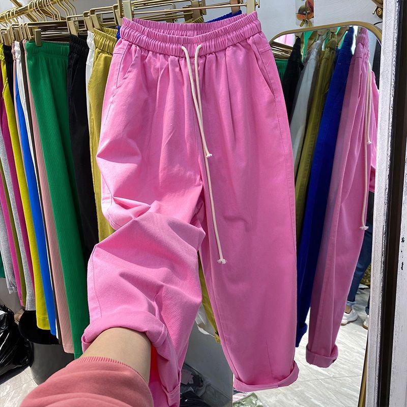 Women's Summer High-Waist Cotton Cropped Pants - Slimming, Harajuku Style, Plus Size, Elastic Waist, Lightweight Casual Wear