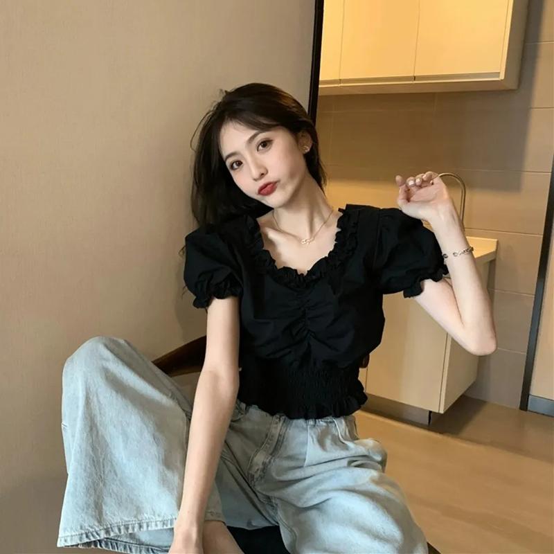 WTEMPO Vintage V-neck Solid Cropped Tops Girl's Sweet Folds T-Shirts Summer Short Puff Sleeve Black White Tee Women Streetwear