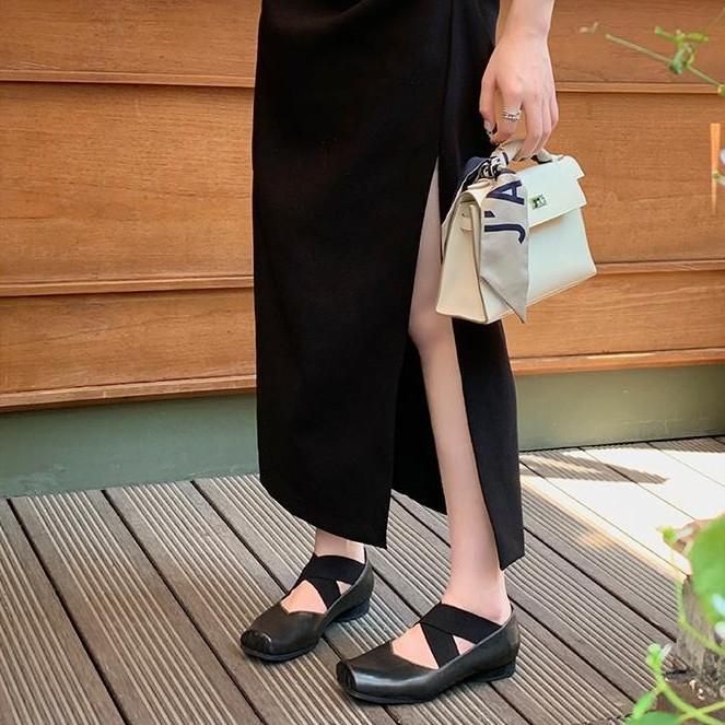Cowhide Version~ British Style Square Head Leather Ballet Single Shoes Women's Cross Strap Thick Heel Mary Jane Small Leather Shoes Ladyshoes