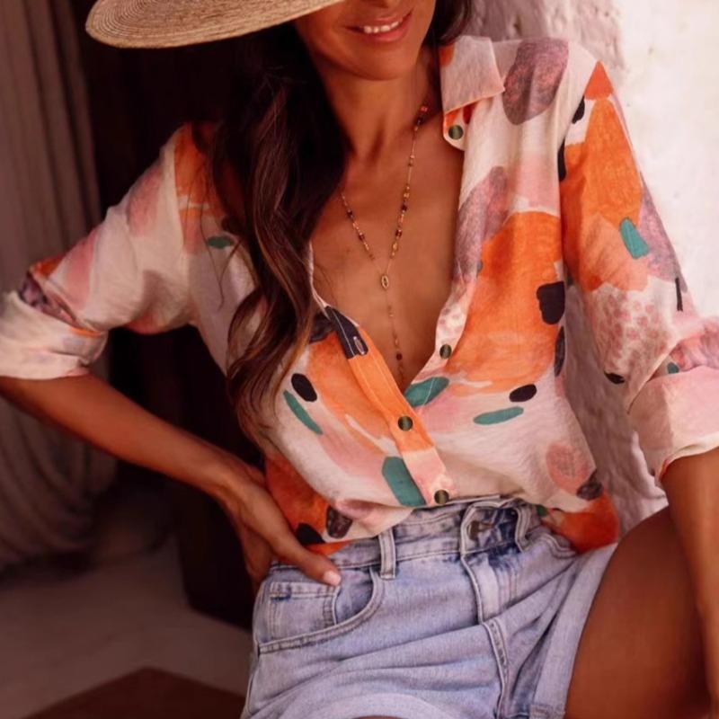 Temperamentna Casualowa Letnia Koszula z Długim Rękawem z Nadrukowanym Kołnierzykiem Koszula Damska na Casualowe Wakacje