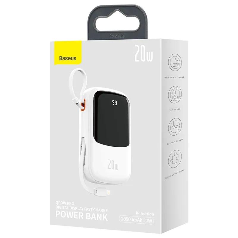 Powerbank Baseus Qpow Pro Z Kablem Lightning, Portem Usb-C I Usb, 20000Mah, 20W (Biały)