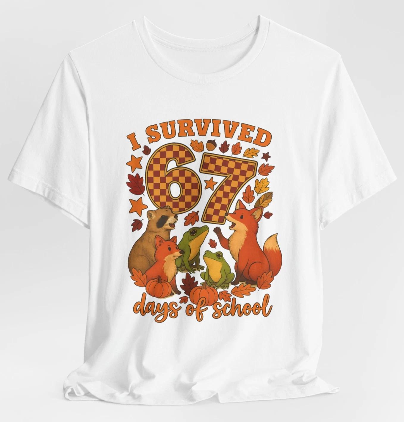 I Survived 67 Days of School Shirt Fall Fox Frog Raccoon Teacher Autumn Animals 3XL
