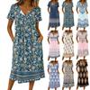 Women's Fashionable Retro Printed Round Neck Short Sleeved Button Neck Mid Length Casual Dress