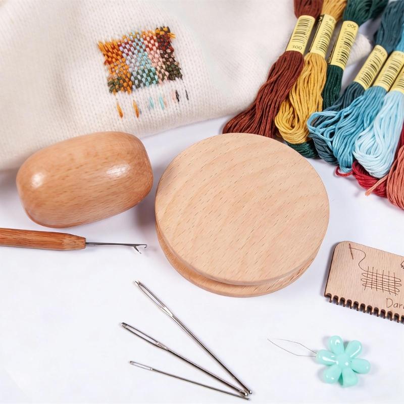 Wood and Stainless Steel Darning Board Set for Professional Clothing Hole Repair Tasks Including Polyester Thread